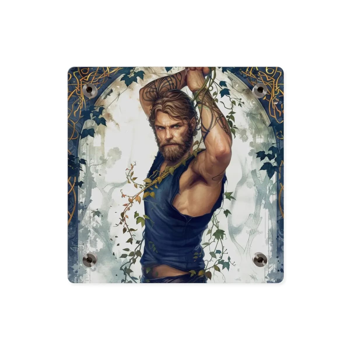 Vine-Wrapped Warrior Beneath the Golden Arch - Acrylic Wall Art Panels mockup angle 2