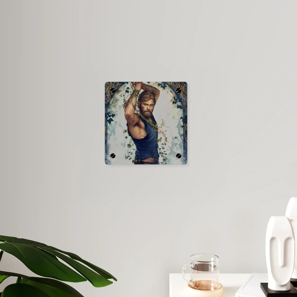Vine-Wrapped Warrior Beneath the Golden Arch - Acrylic Wall Art Panels mockup angle 3