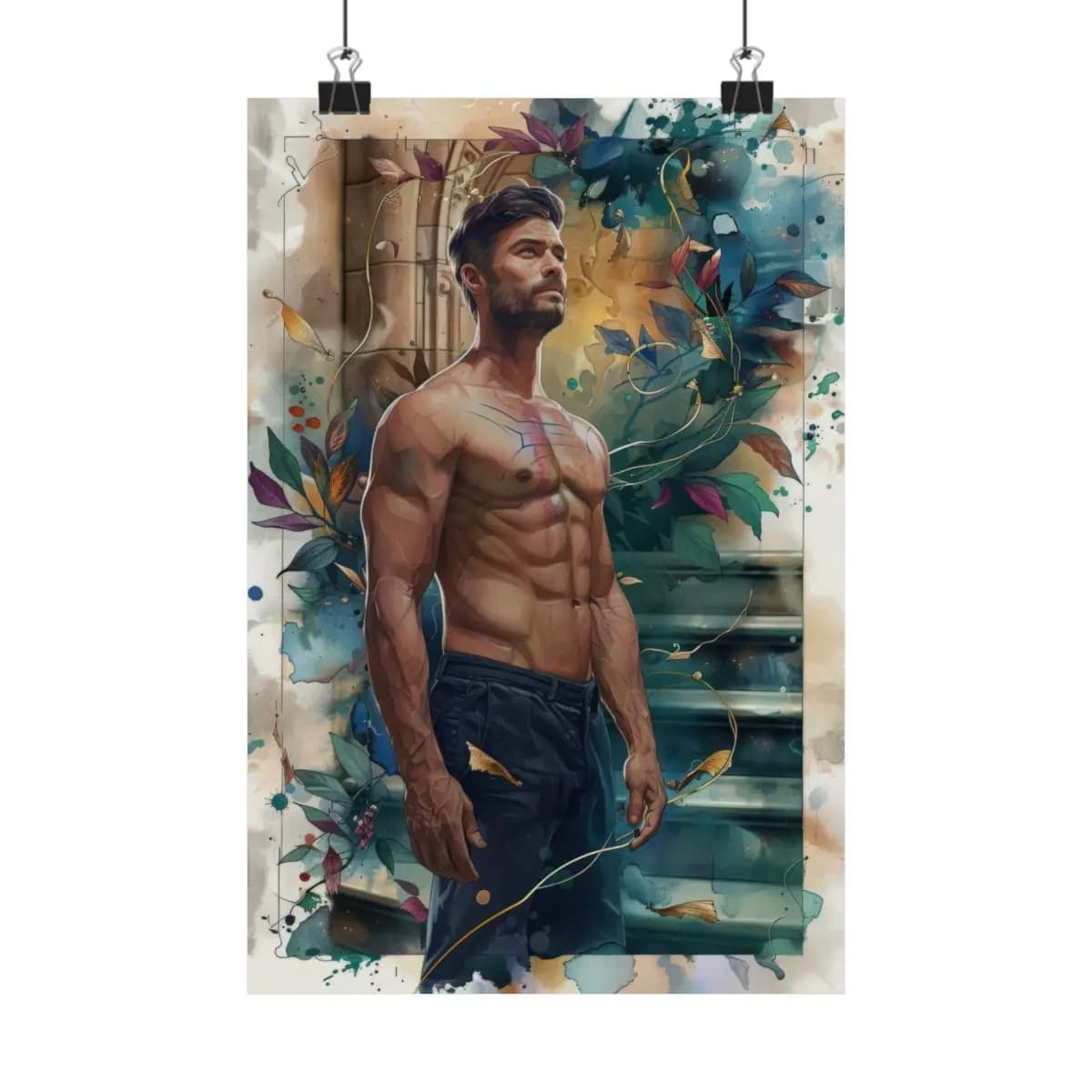 Athletic Man Among Swirling Botanical Elements - Matte Vertical Posters mockup angle 1