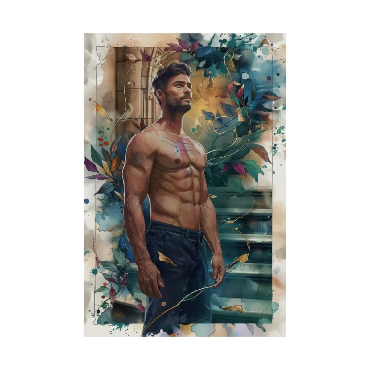 Athletic Man Among Swirling Botanical Elements - Matte Vertical Posters mockup angle 2