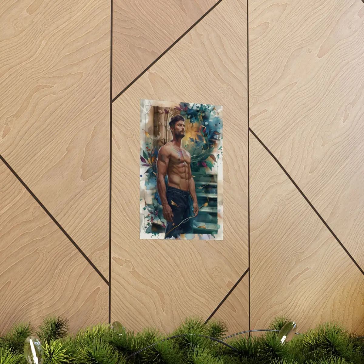 Athletic Man Among Swirling Botanical Elements - Matte Vertical Posters mockup angle 5