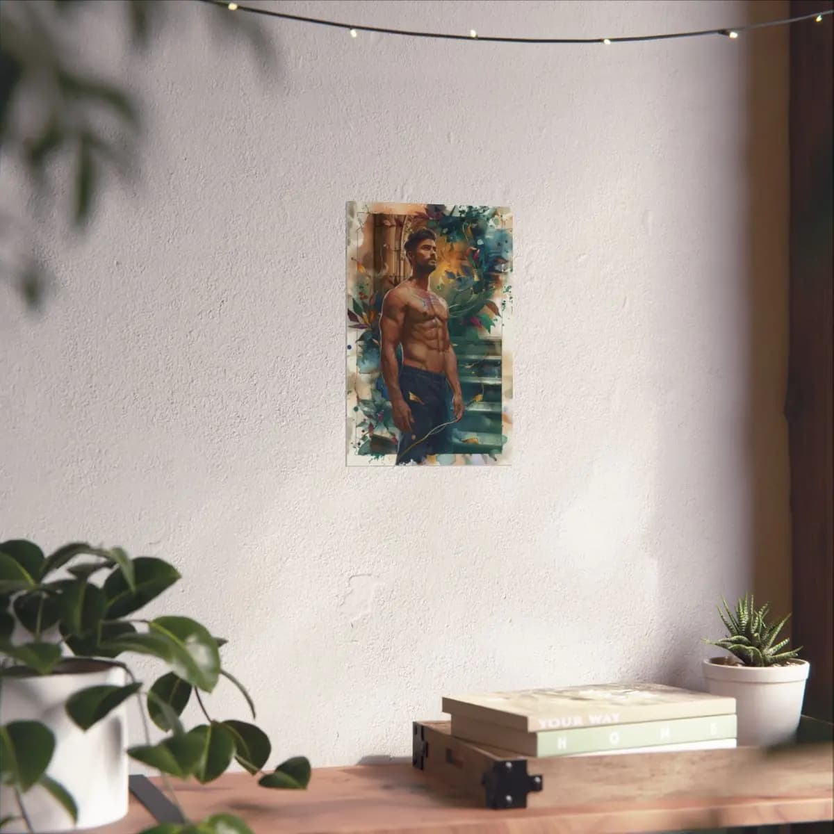 Athletic Man Among Swirling Botanical Elements - Matte Vertical Posters mockup angle 6