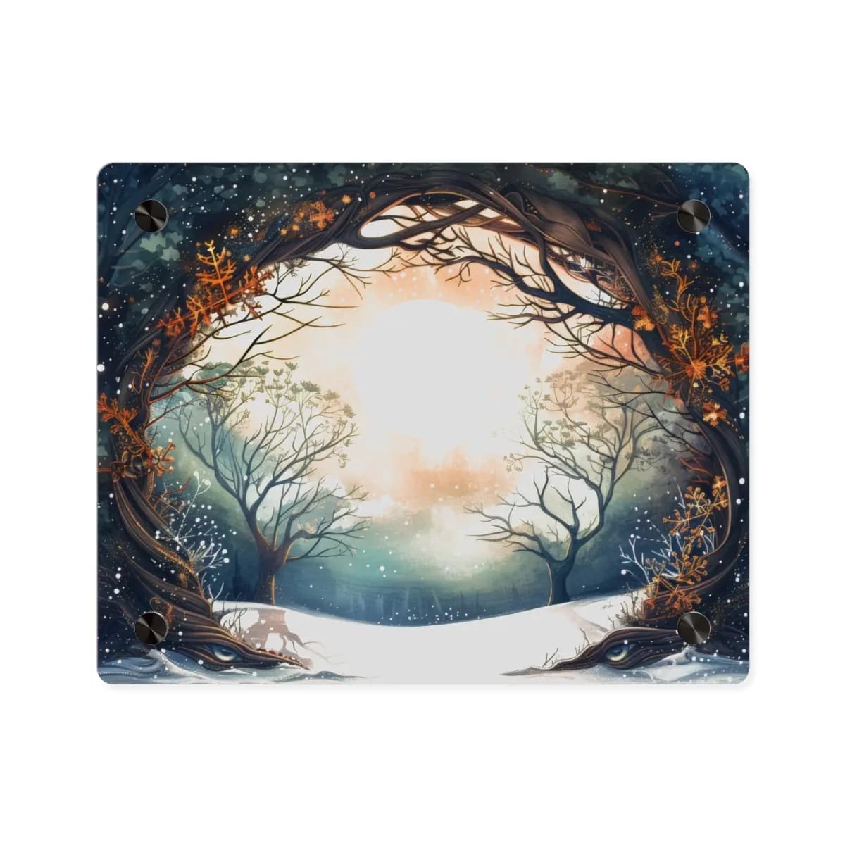 Full Moon Rising Over an Enchanted Winter Forest - Acrylic Wall Art Panels mockup angle 1