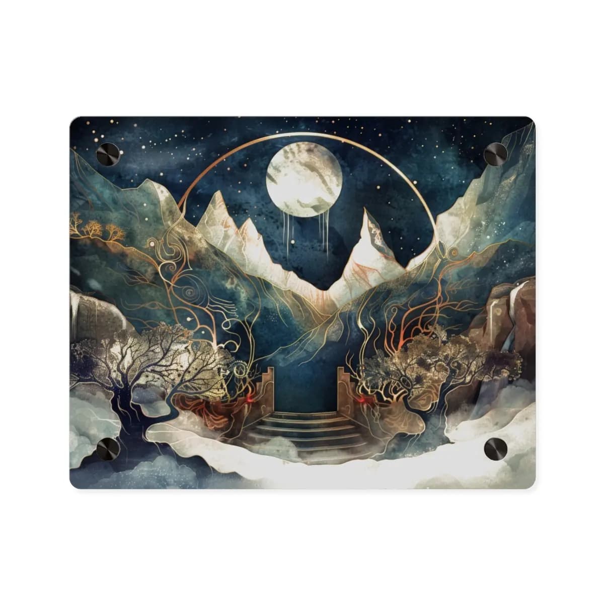The Moonlit Portal Beyond the Celestial Mountains - Acrylic Wall Art Panels mockup angle 1