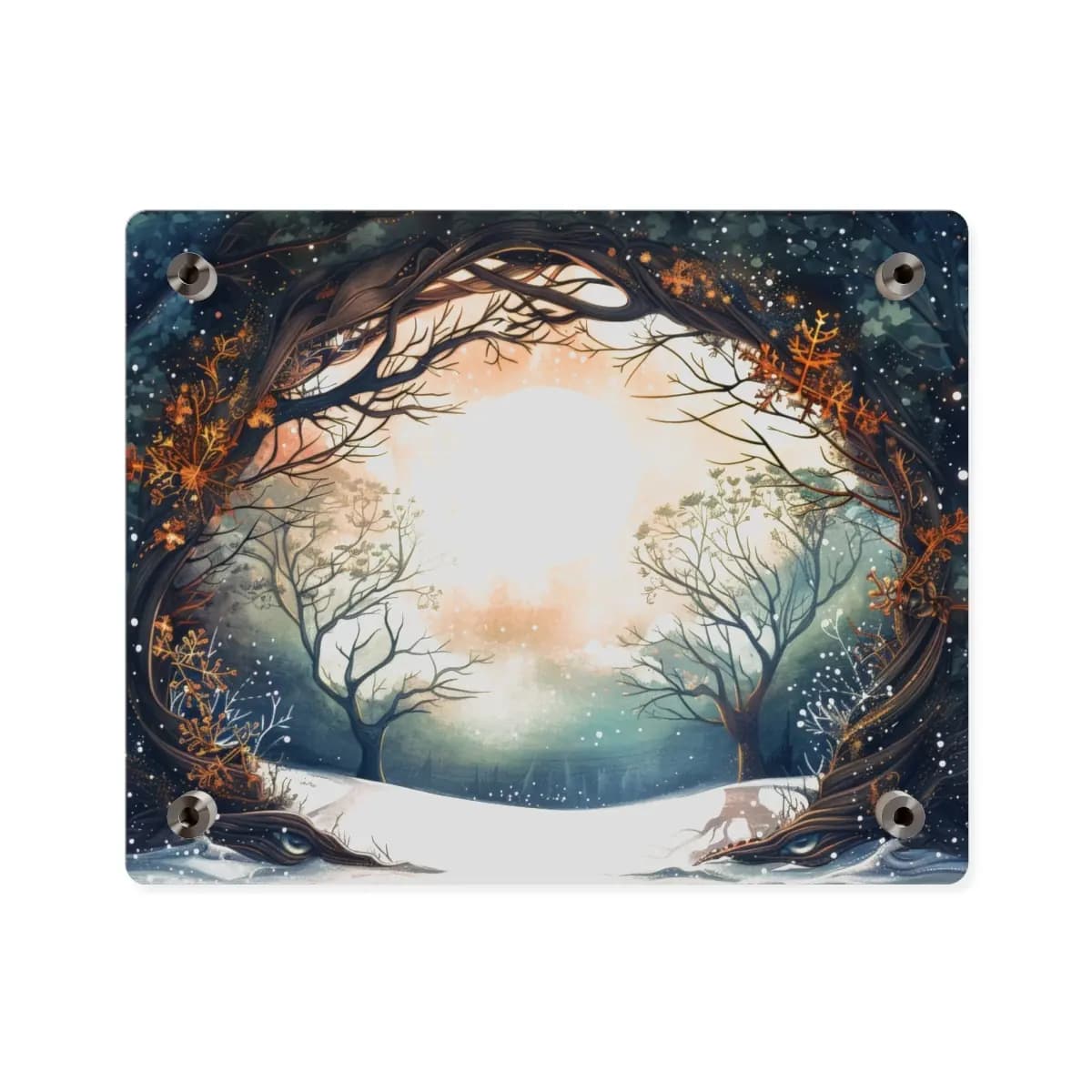 Full Moon Rising Over an Enchanted Winter Forest - Acrylic Wall Art Panels mockup angle 2