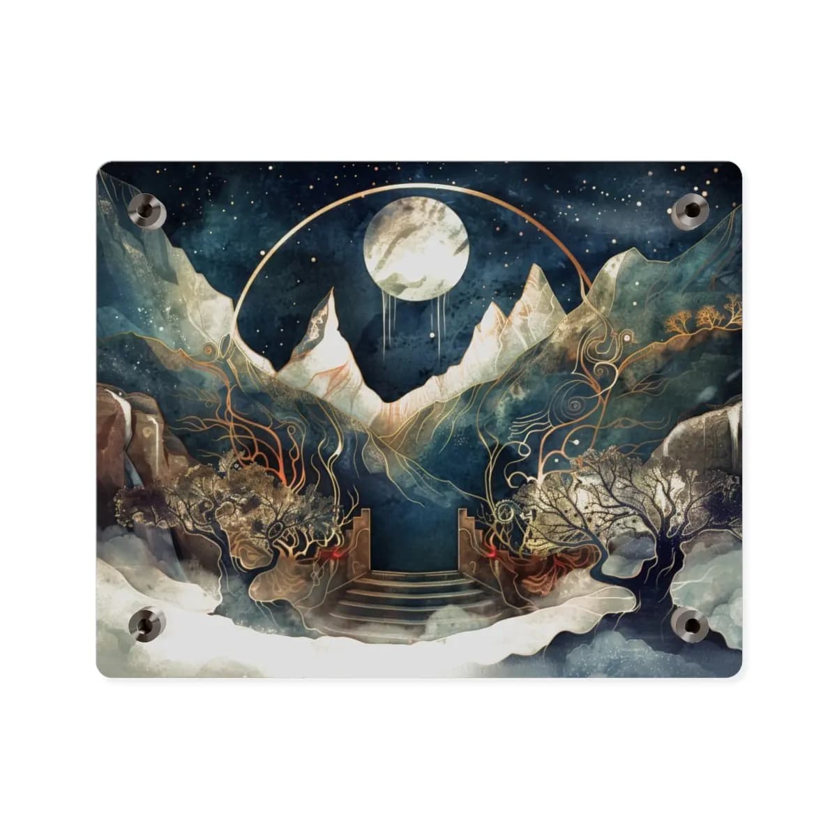 The Moonlit Portal Beyond the Celestial Mountains - Acrylic Wall Art Panels mockup angle 2