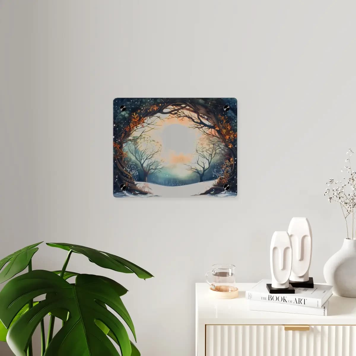 Full Moon Rising Over an Enchanted Winter Forest - Acrylic Wall Art Panels mockup angle 3