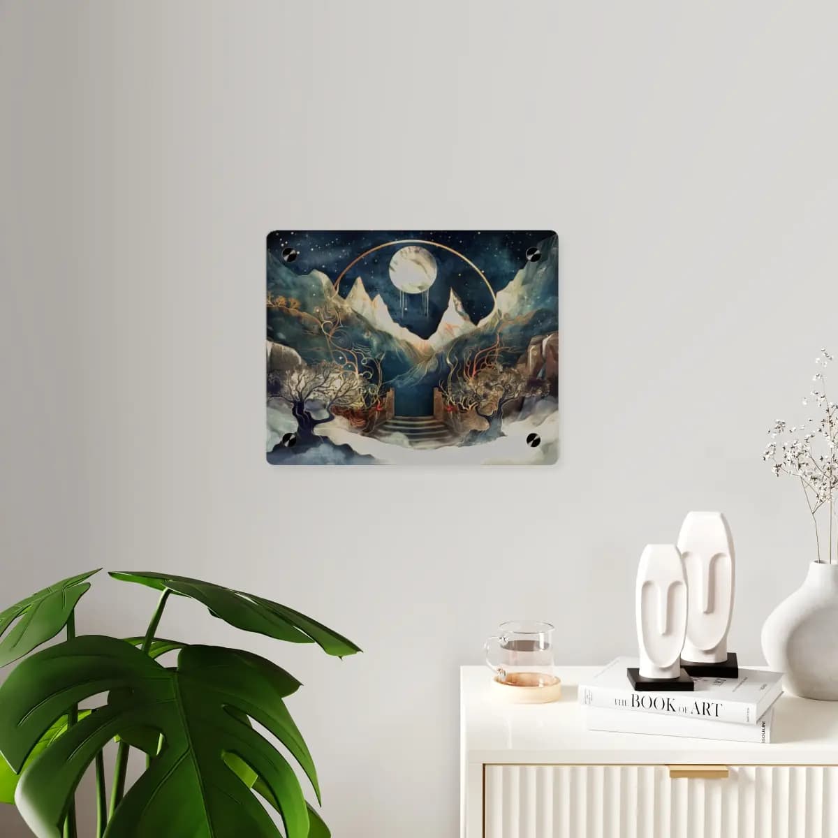 The Moonlit Portal Beyond the Celestial Mountains - Acrylic Wall Art Panels mockup angle 3