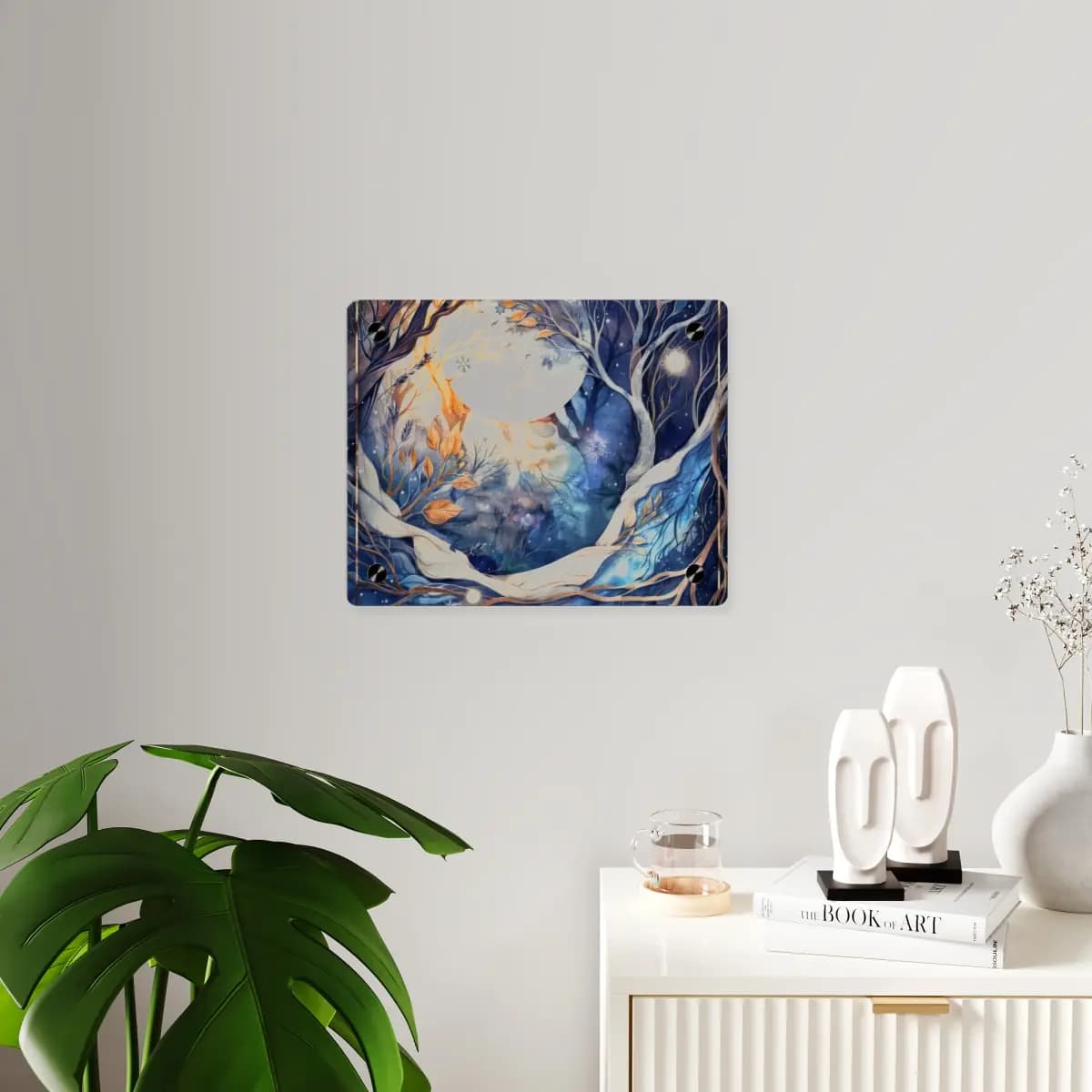 Full Moon Over an Enchanted Winter Forest - Acrylic Wall Art Panels mockup angle 3