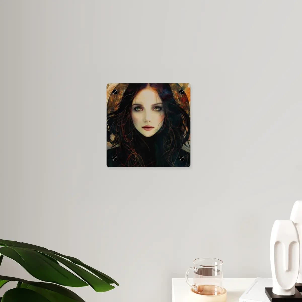 Shadow Gaze Beneath a Golden Halo - Acrylic Wall Art Panels mockup angle 3