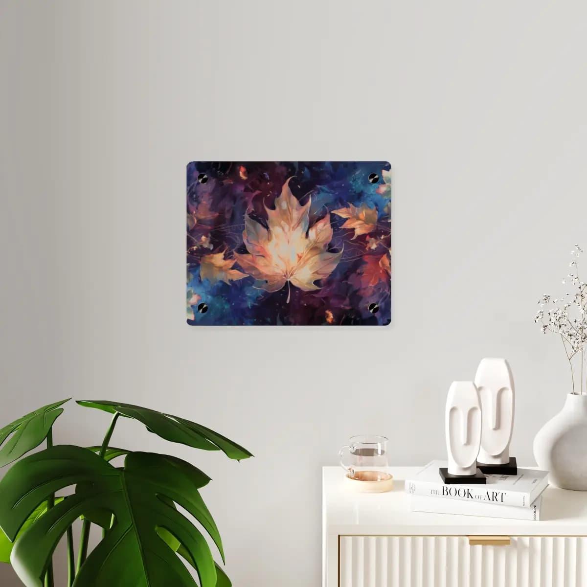 Glowing Maple Leaf in an Autumn Whirlwind - Acrylic Wall Art Panels mockup angle 3