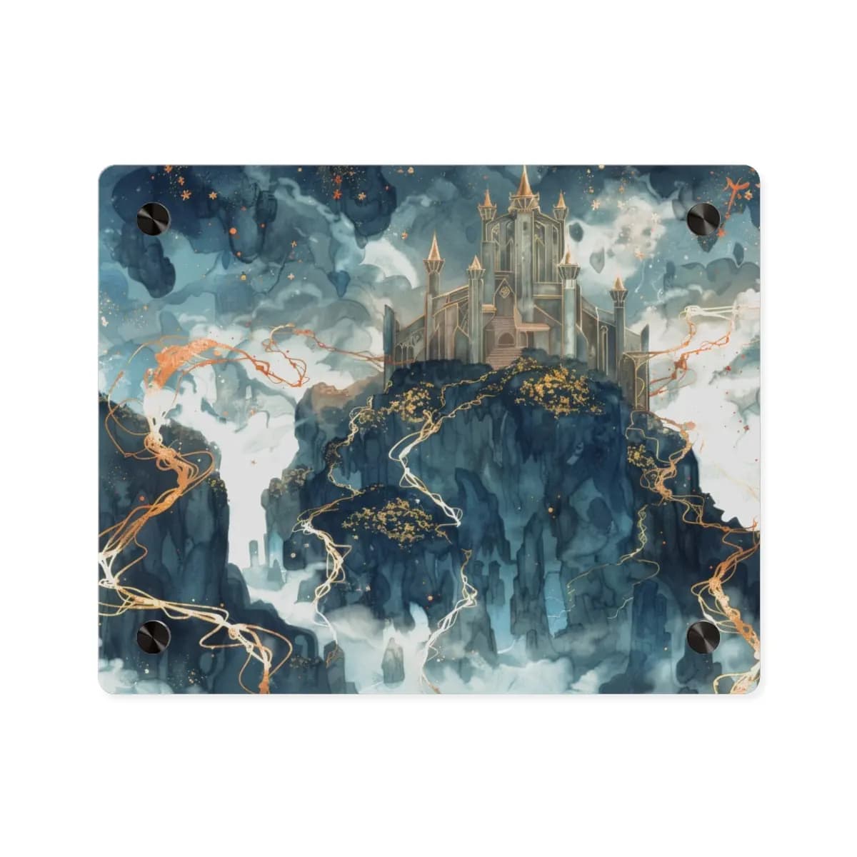Enchanted Castle Rising Above Cloud-Swept Cliffs - Acrylic Wall Art Panels mockup angle 1