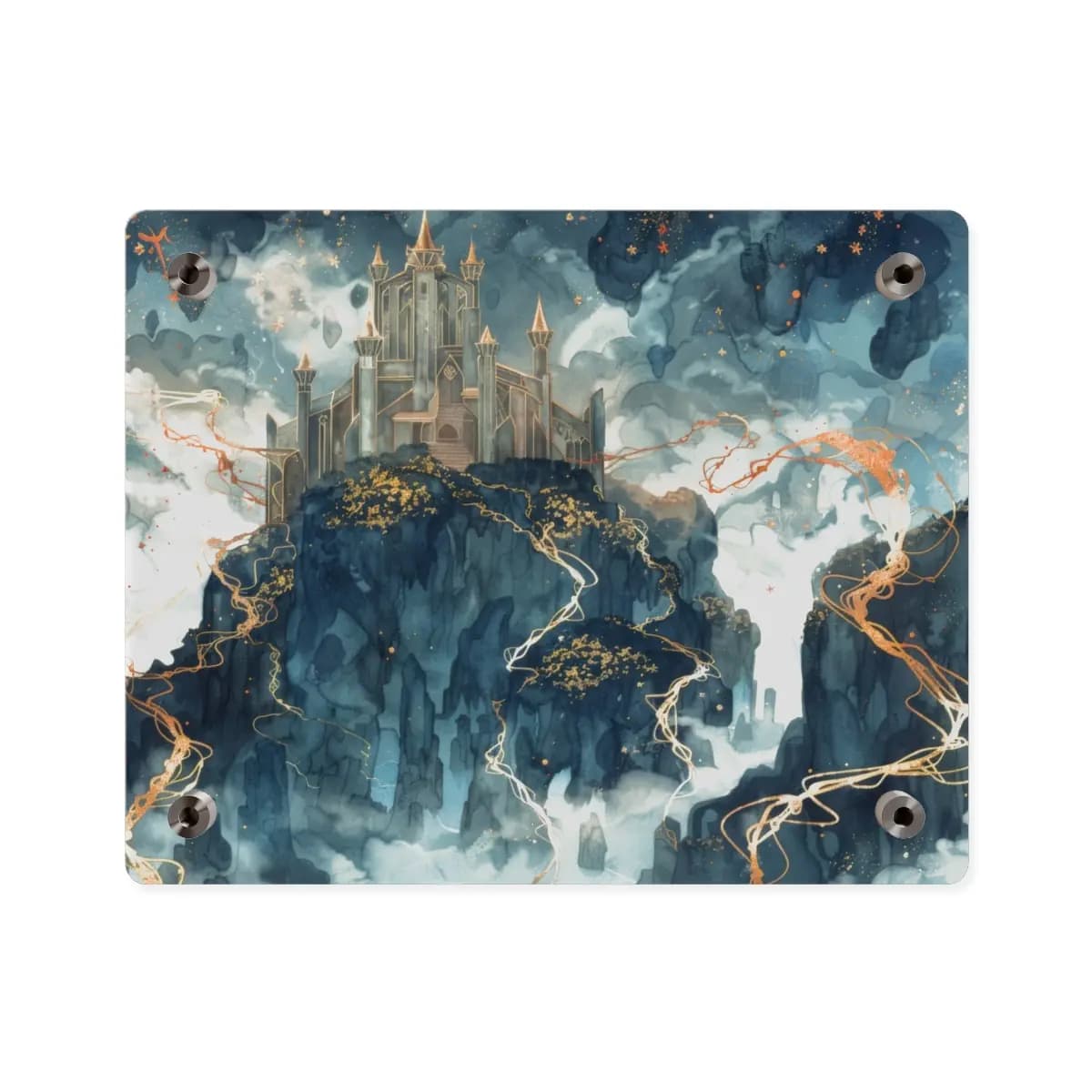 Enchanted Castle Rising Above Cloud-Swept Cliffs - Acrylic Wall Art Panels mockup angle 2