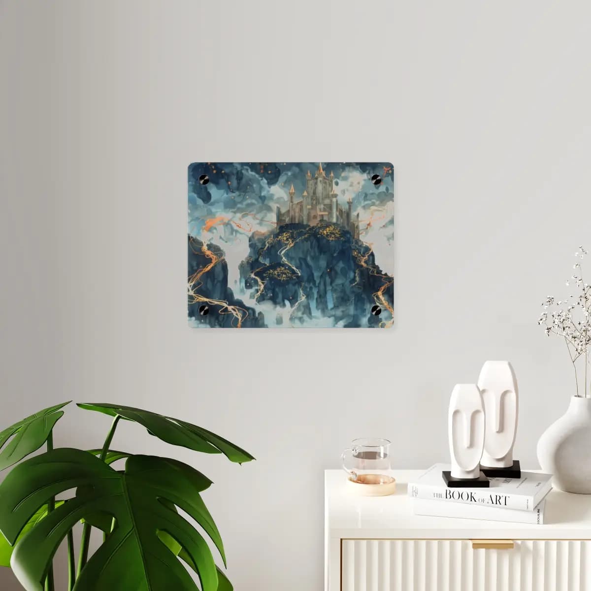 Enchanted Castle Rising Above Cloud-Swept Cliffs - Acrylic Wall Art Panels mockup angle 3