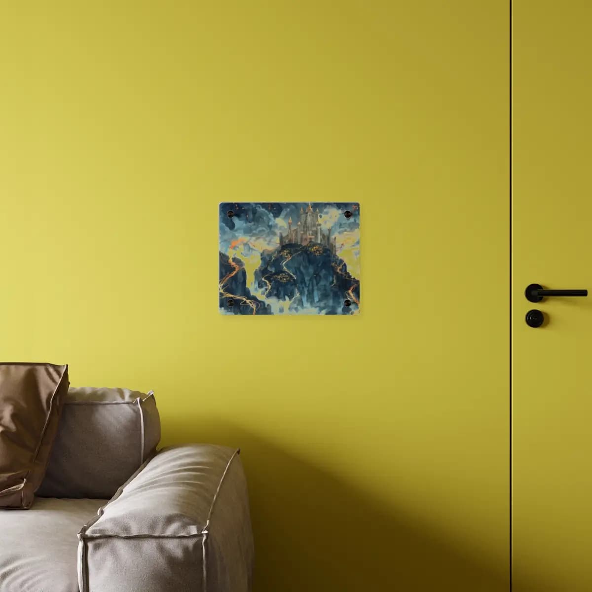 Enchanted Castle Rising Above Cloud-Swept Cliffs - Acrylic Wall Art Panels mockup angle 4