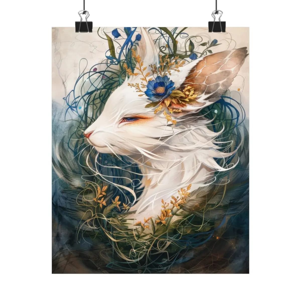 The White Fox Crowned in Moonlit Blooms - Matte Vertical Posters mockup angle 1