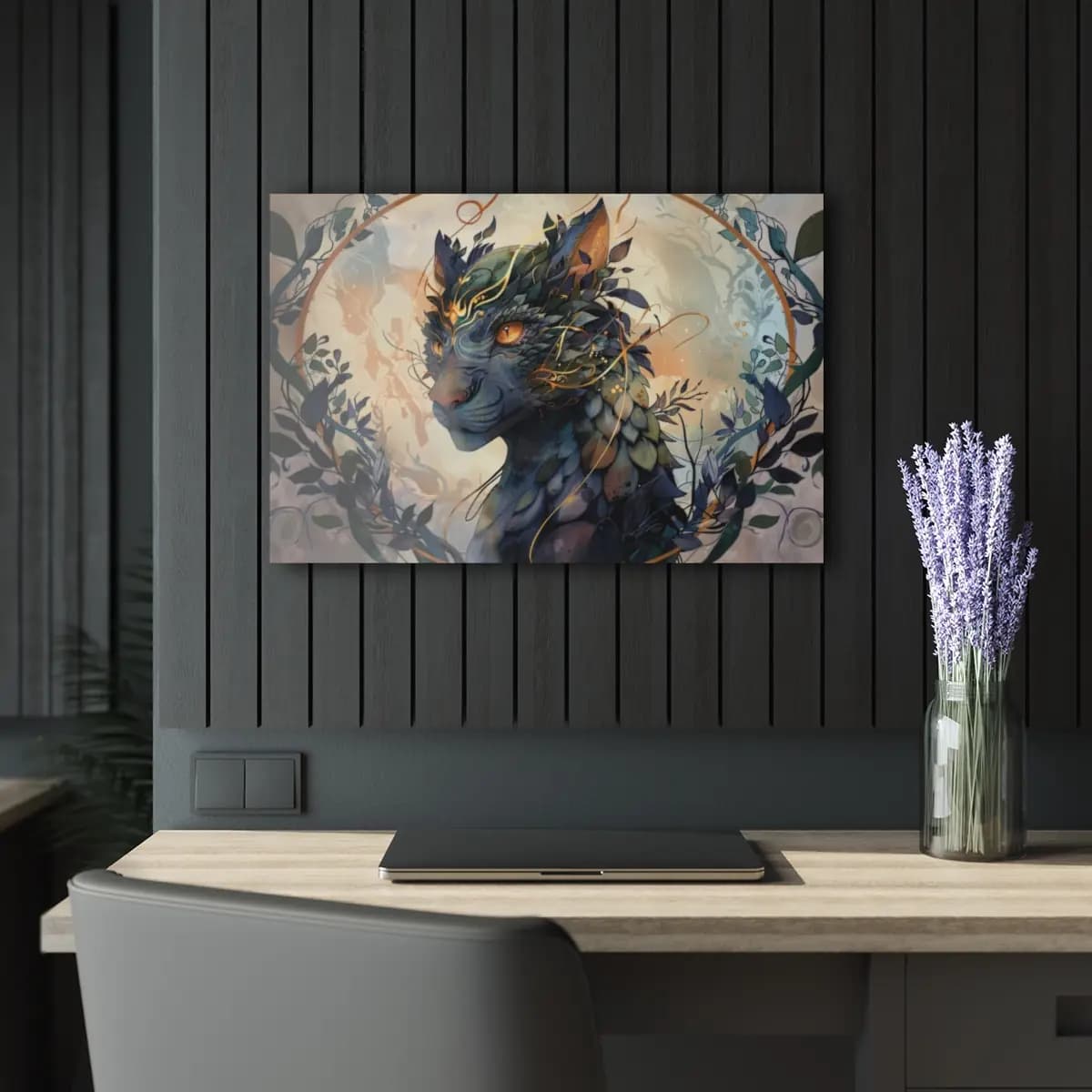 Amber-Eyed Guardian of Leaves - Acrylic Prints (French Cleat Hanging) mockup angle 5