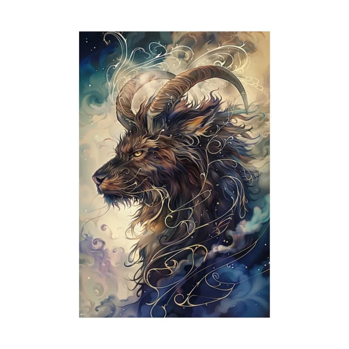 Celestial Horned Beast Wreathed in Golden Scrollwork - Matte Vertical Posters mockup angle 2