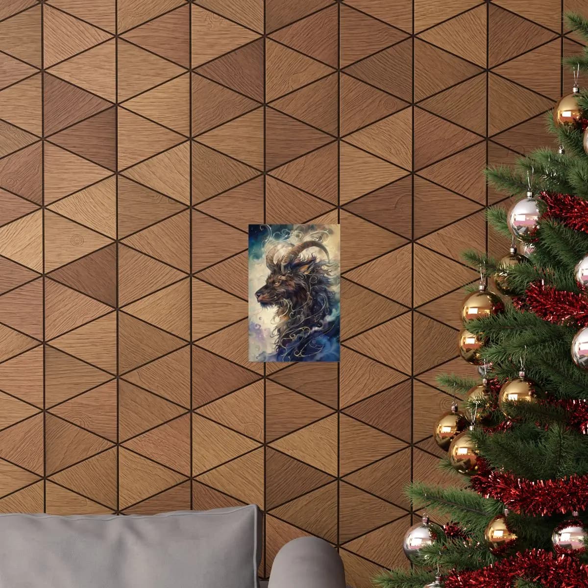 Celestial Horned Beast Wreathed in Golden Scrollwork - Matte Vertical Posters mockup angle 4
