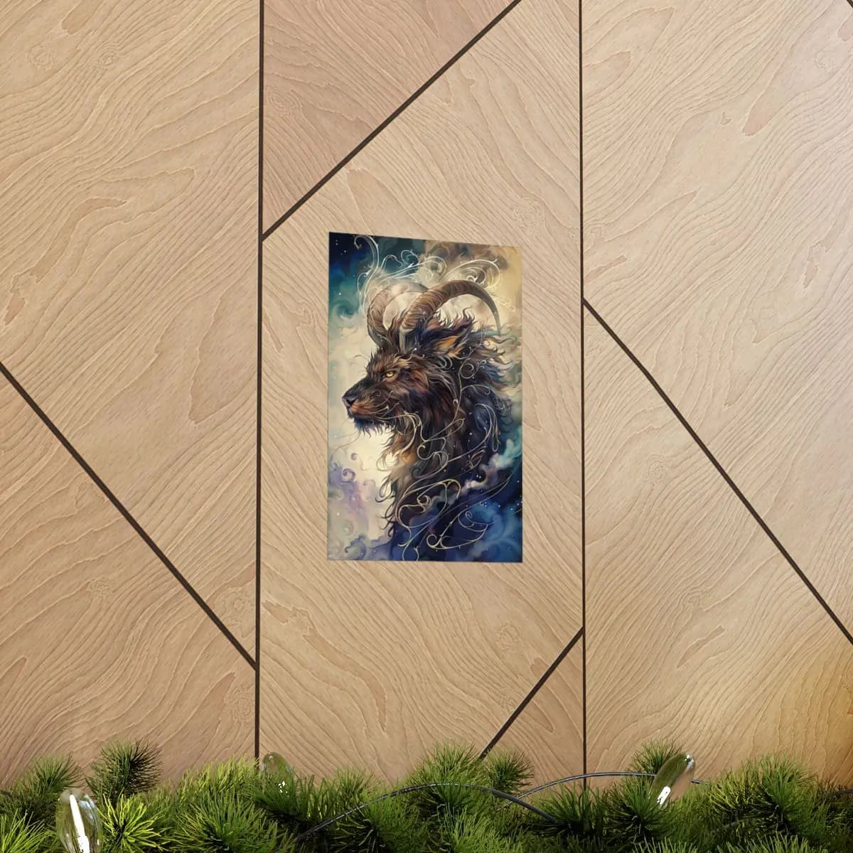 Celestial Horned Beast Wreathed in Golden Scrollwork - Matte Vertical Posters mockup angle 5