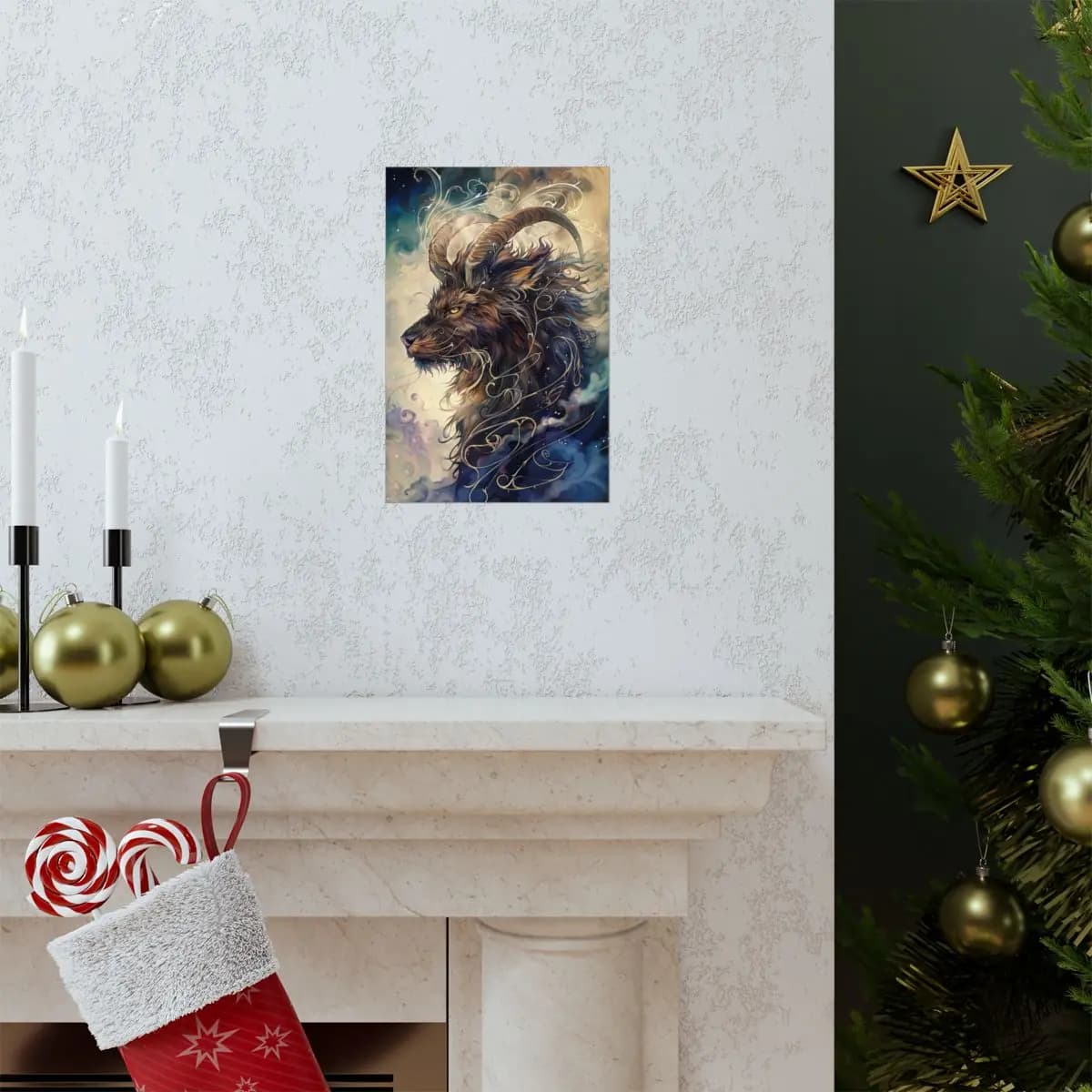 Celestial Horned Beast Wreathed in Golden Scrollwork - Matte Vertical Posters mockup angle 7