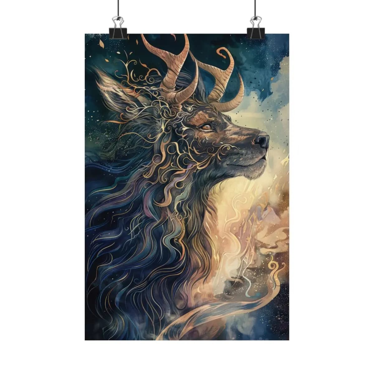 Horned Mythic Creature Wreathed in Golden Scrollwork and Flame - Matte Vertical Posters mockup angle 1