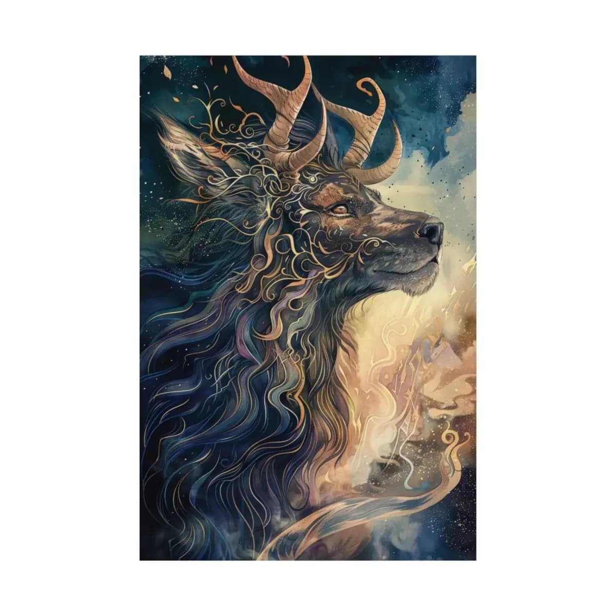 Horned Mythic Creature Wreathed in Golden Scrollwork and Flame - Matte Vertical Posters mockup angle 2
