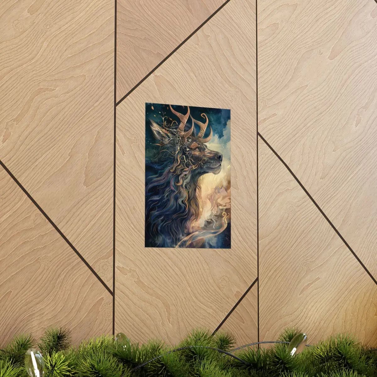 Horned Mythic Creature Wreathed in Golden Scrollwork and Flame - Matte Vertical Posters mockup angle 5