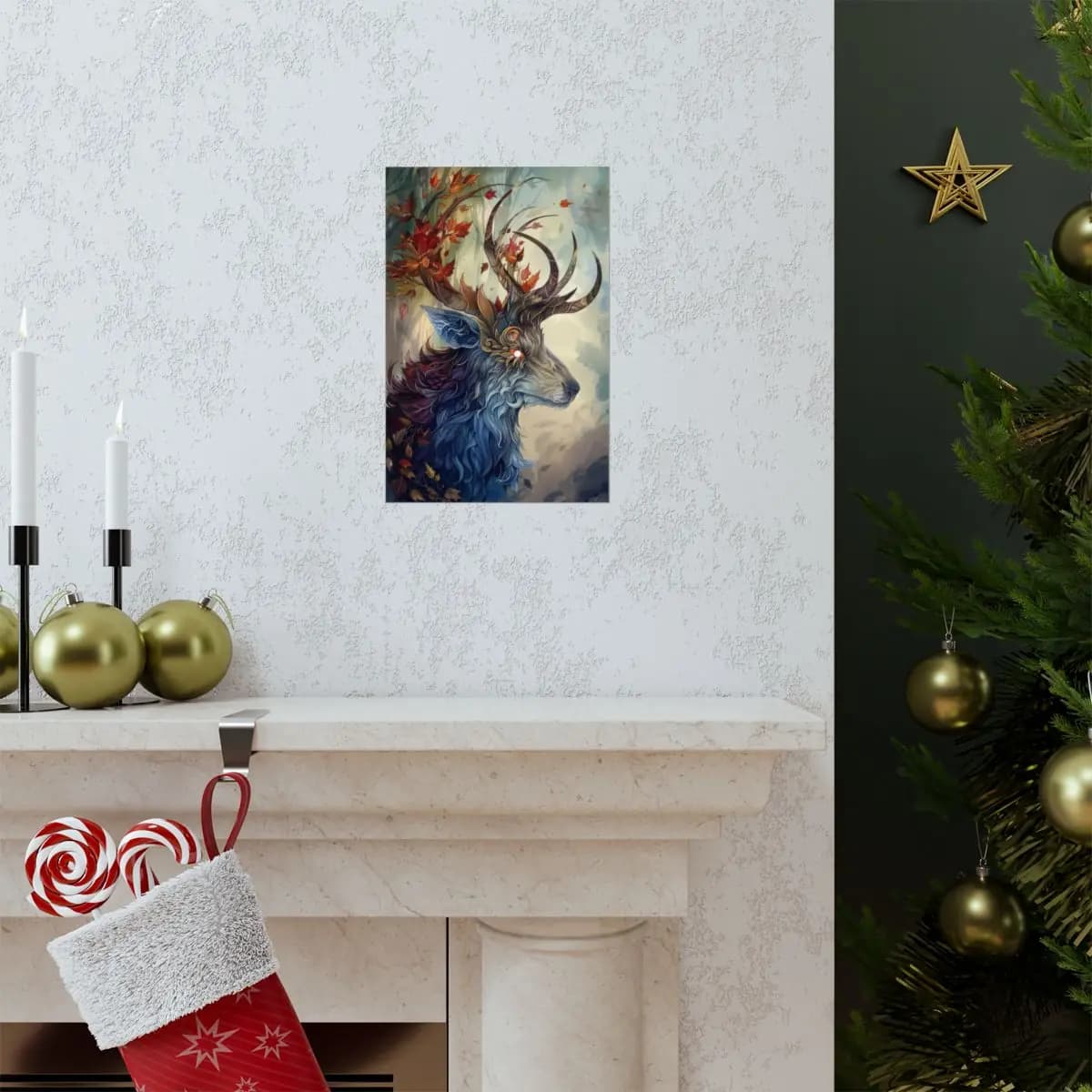 Mystical Stag with Enchanted Autumn Antlers - Matte Vertical Posters mockup angle 7