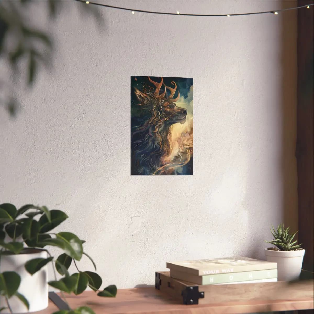 Horned Mythic Creature Wreathed in Golden Scrollwork and Flame - Matte Vertical Posters mockup angle 6