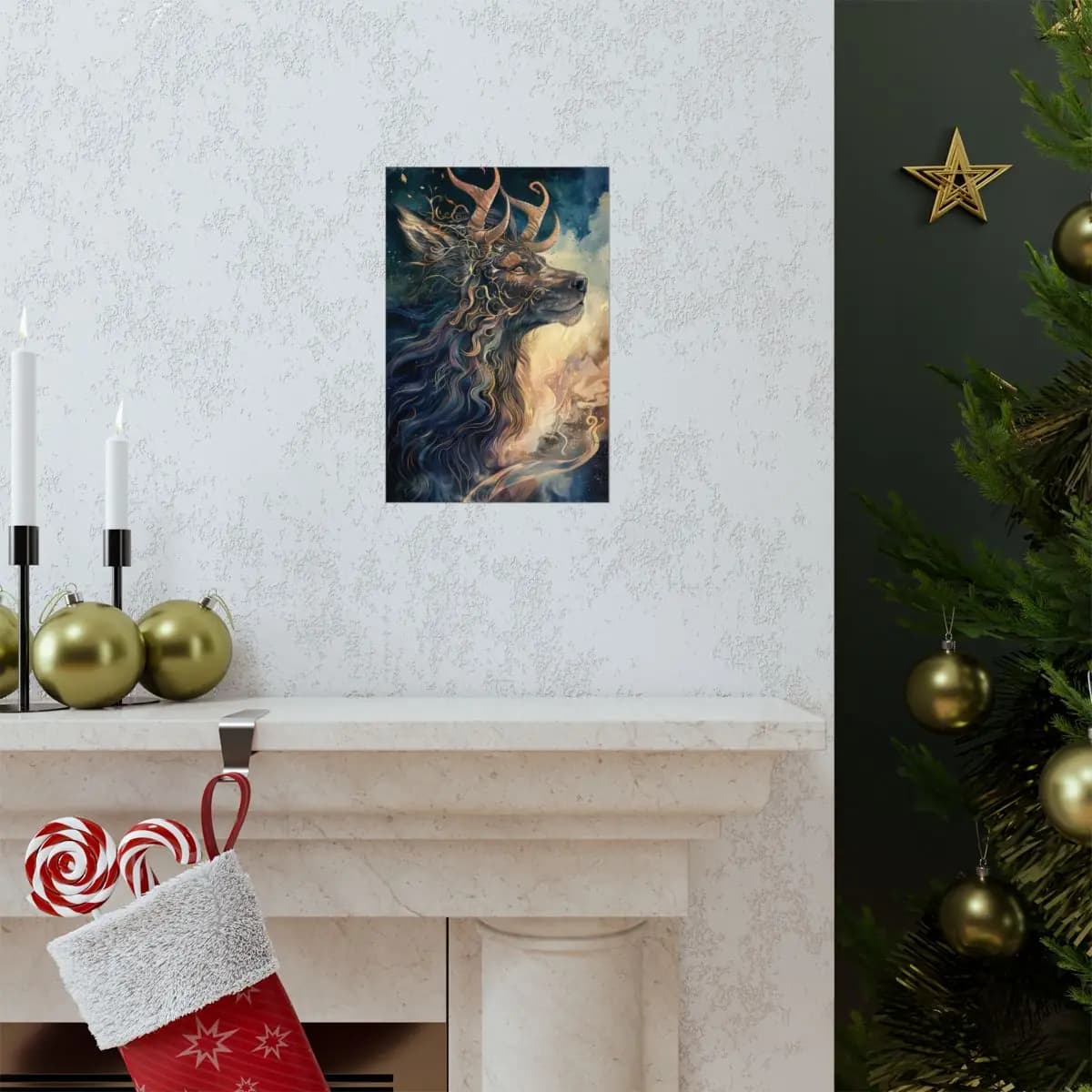 Horned Mythic Creature Wreathed in Golden Scrollwork and Flame - Matte Vertical Posters mockup angle 7