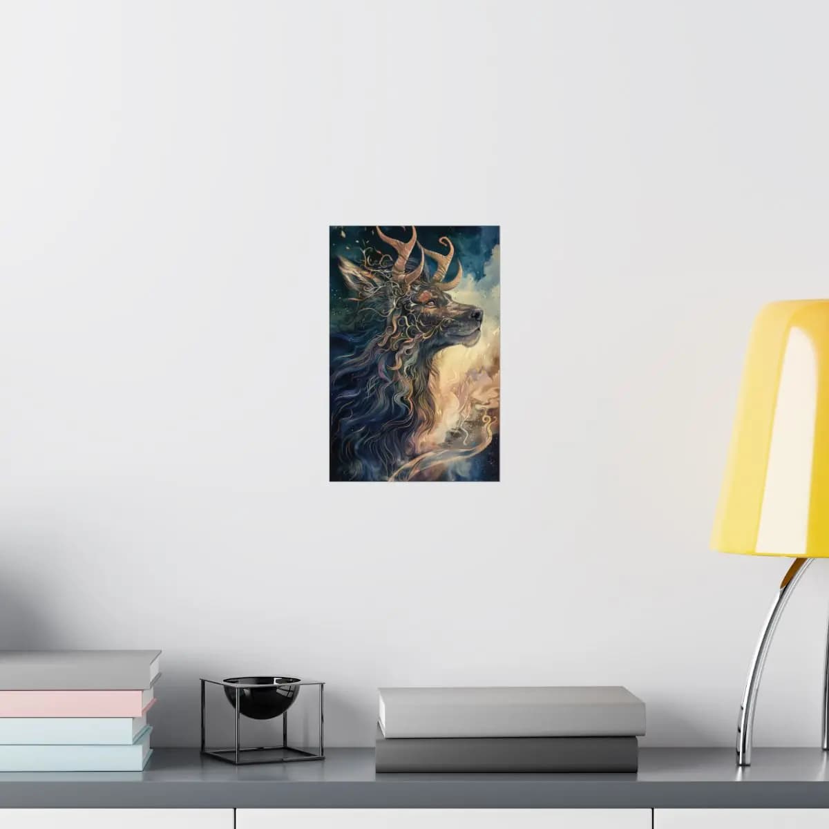 Horned Mythic Creature Wreathed in Golden Scrollwork and Flame - Matte Vertical Posters mockup angle 8