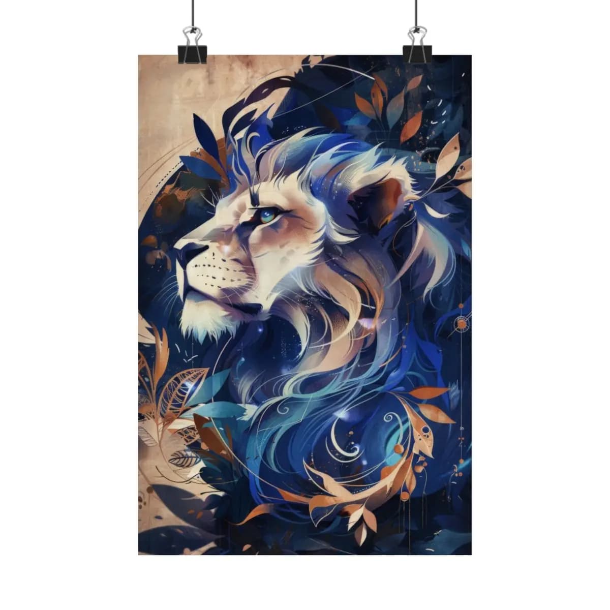 Celestial Lion in Blue and Golden Swirls - Matte Vertical Posters mockup angle 1