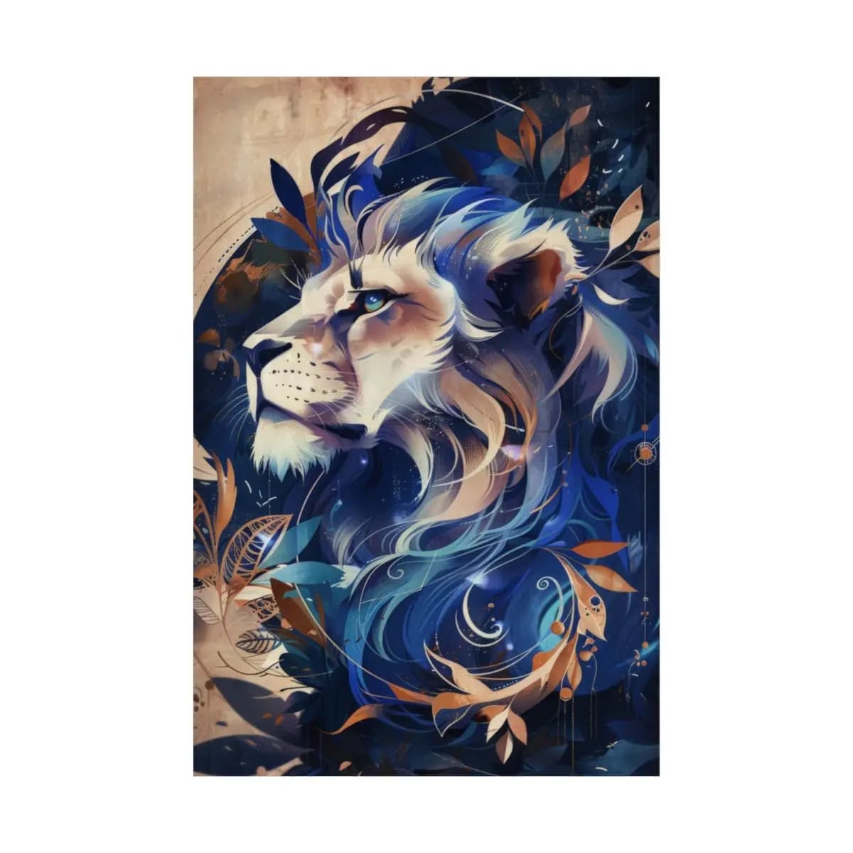 Celestial Lion in Blue and Golden Swirls - Matte Vertical Posters mockup angle 2