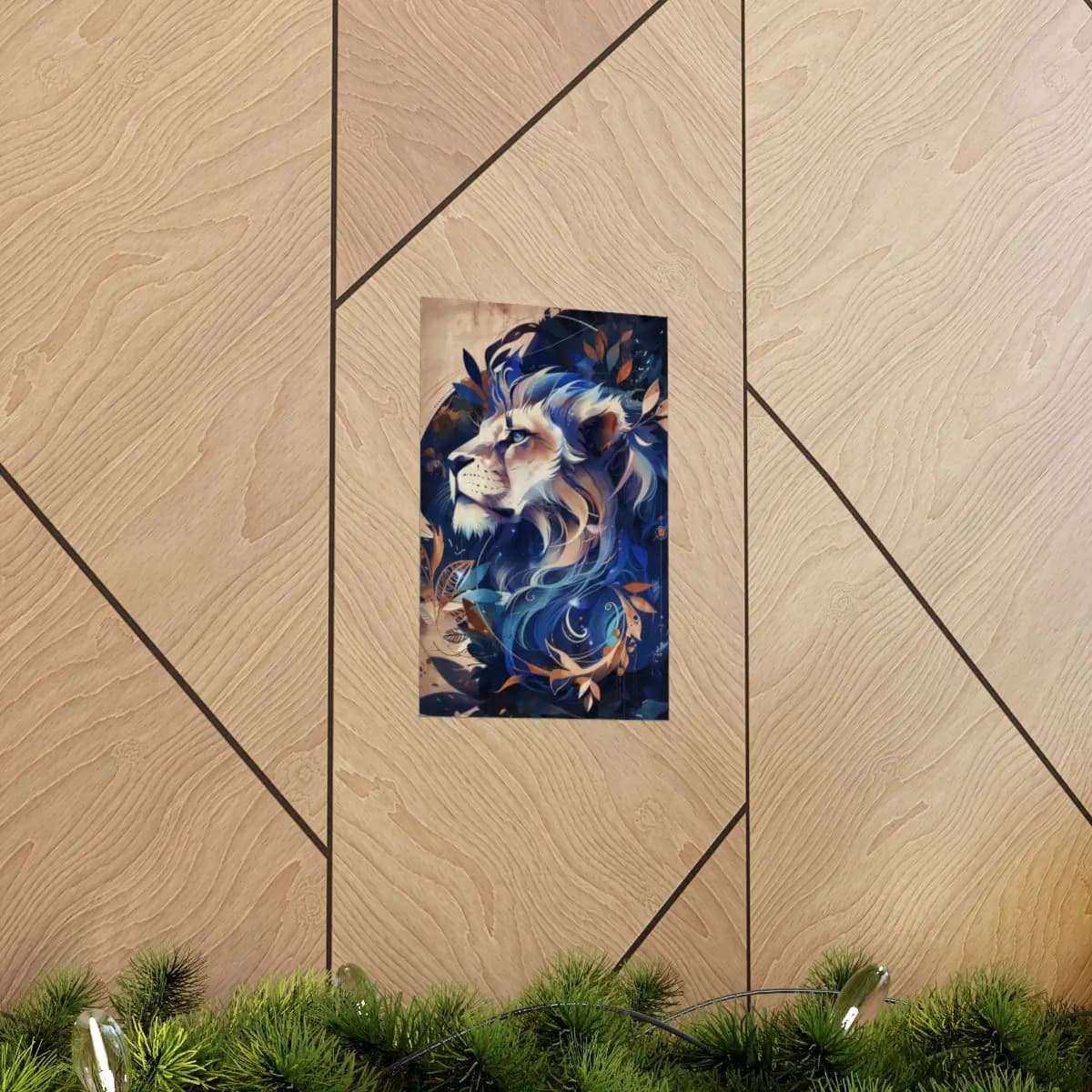 Celestial Lion in Blue and Golden Swirls - Matte Vertical Posters mockup angle 5