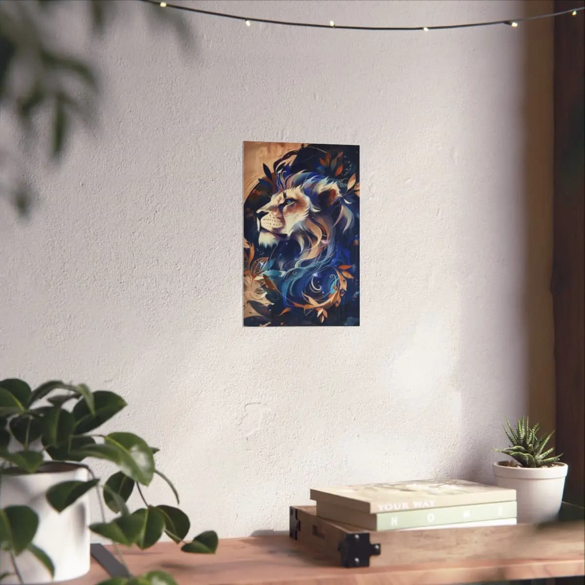 Celestial Lion in Blue and Golden Swirls - Matte Vertical Posters mockup angle 6
