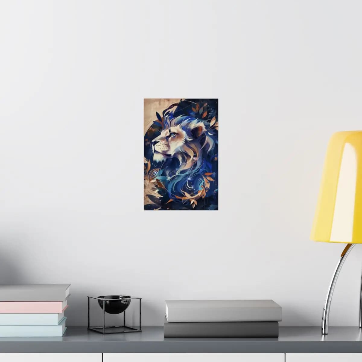 Celestial Lion in Blue and Golden Swirls - Matte Vertical Posters mockup angle 8