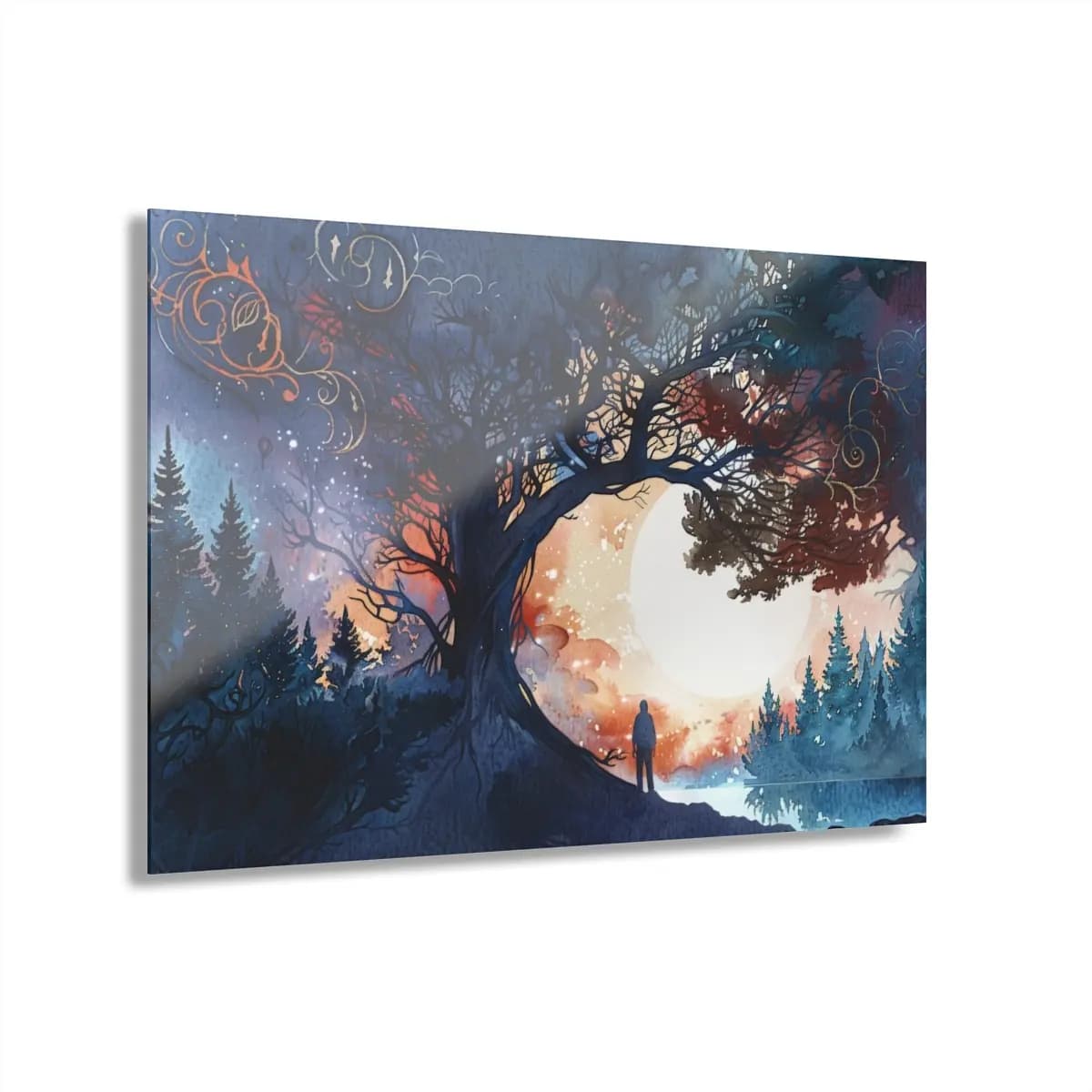 Lone Figure Before the Forest Moon - Acrylic Prints (French Cleat Hanging) mockup angle 1