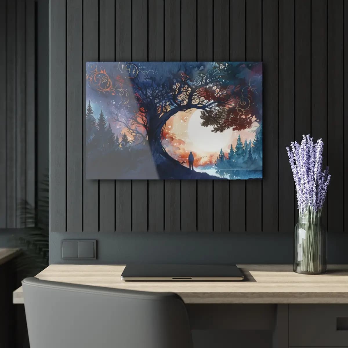 Lone Figure Before the Forest Moon - Acrylic Prints (French Cleat Hanging) mockup angle 5