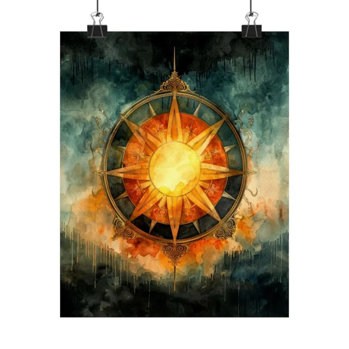 Solar Compass Rose in Stormy Ink and Gold - Matte Vertical Posters mockup angle 1