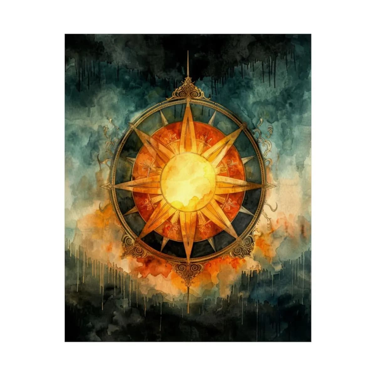 Solar Compass Rose in Stormy Ink and Gold - Matte Vertical Posters mockup angle 2