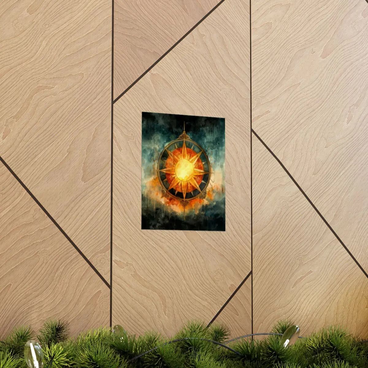 Solar Compass Rose in Stormy Ink and Gold - Matte Vertical Posters mockup angle 5