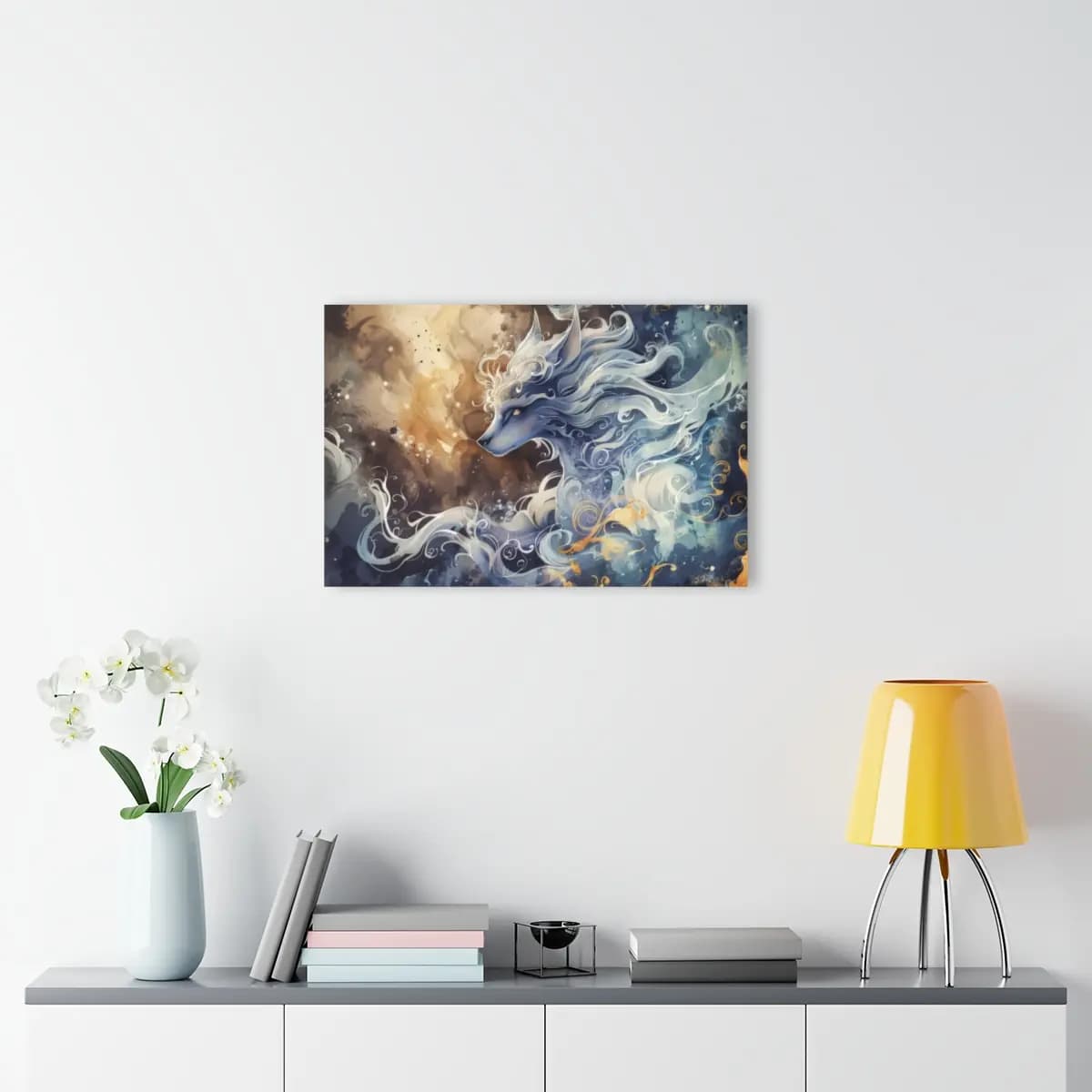 The Celestial Wolf in Billowing Mist - Acrylic Prints (French Cleat Hanging) mockup angle 4
