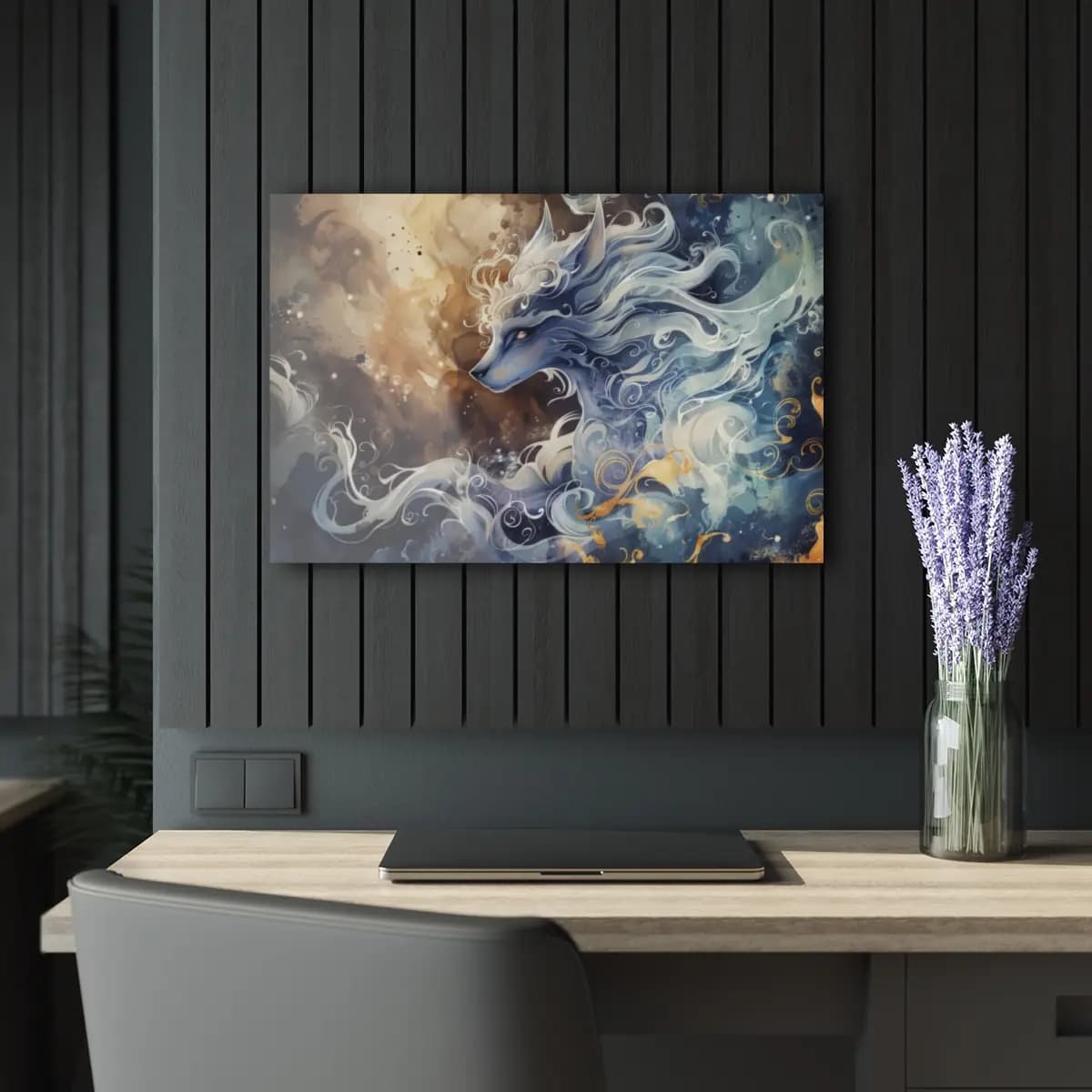 The Celestial Wolf in Billowing Mist - Acrylic Prints (French Cleat Hanging) mockup angle 5