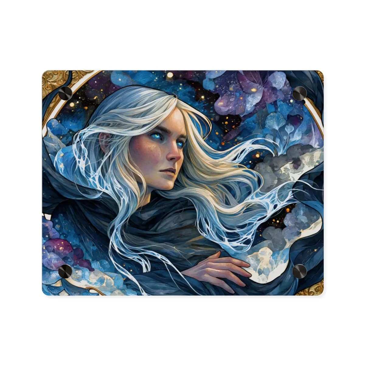 The Starlit Seer with Glacial Blue Eyes - Acrylic Wall Art Panels mockup angle 1