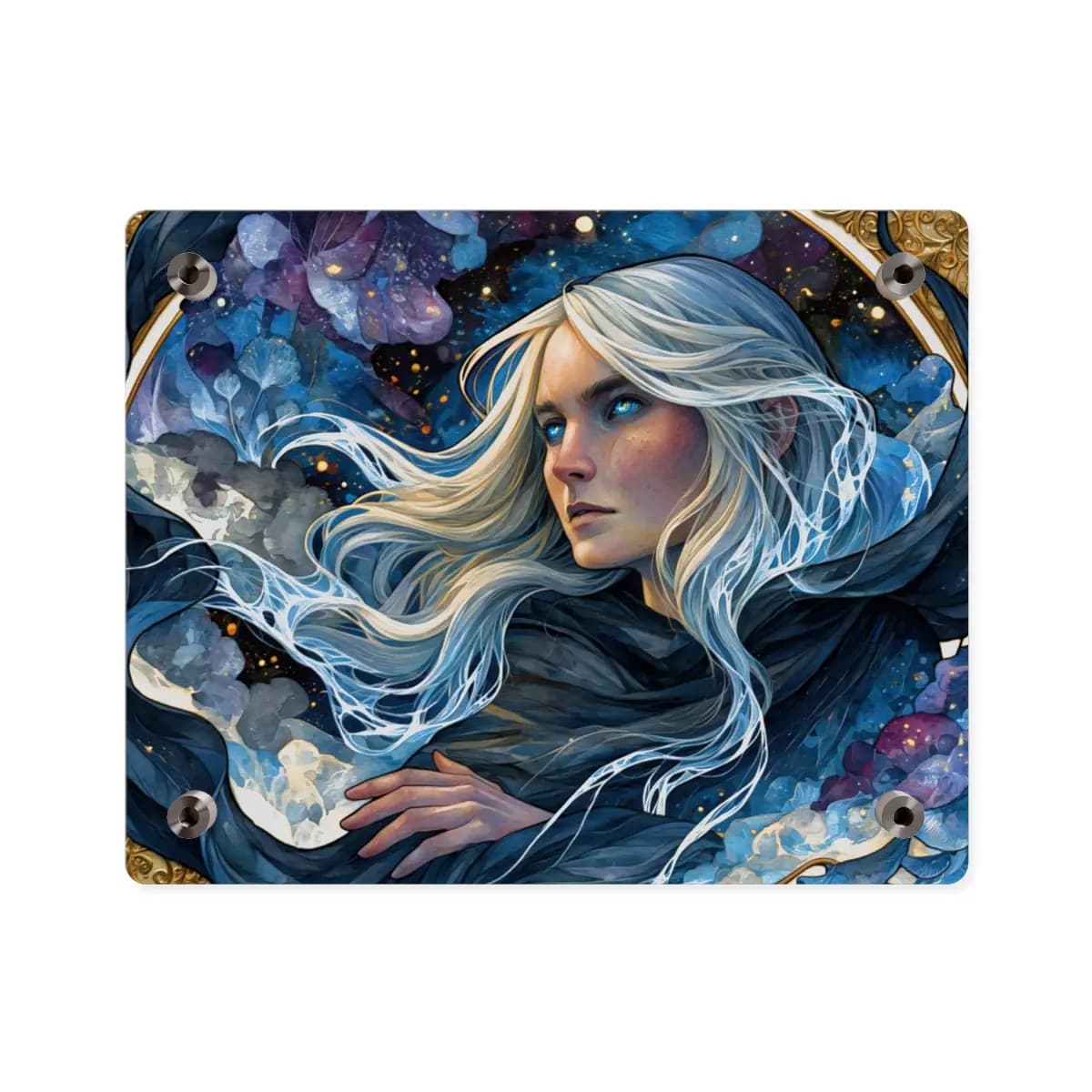 The Starlit Seer with Glacial Blue Eyes - Acrylic Wall Art Panels mockup angle 2