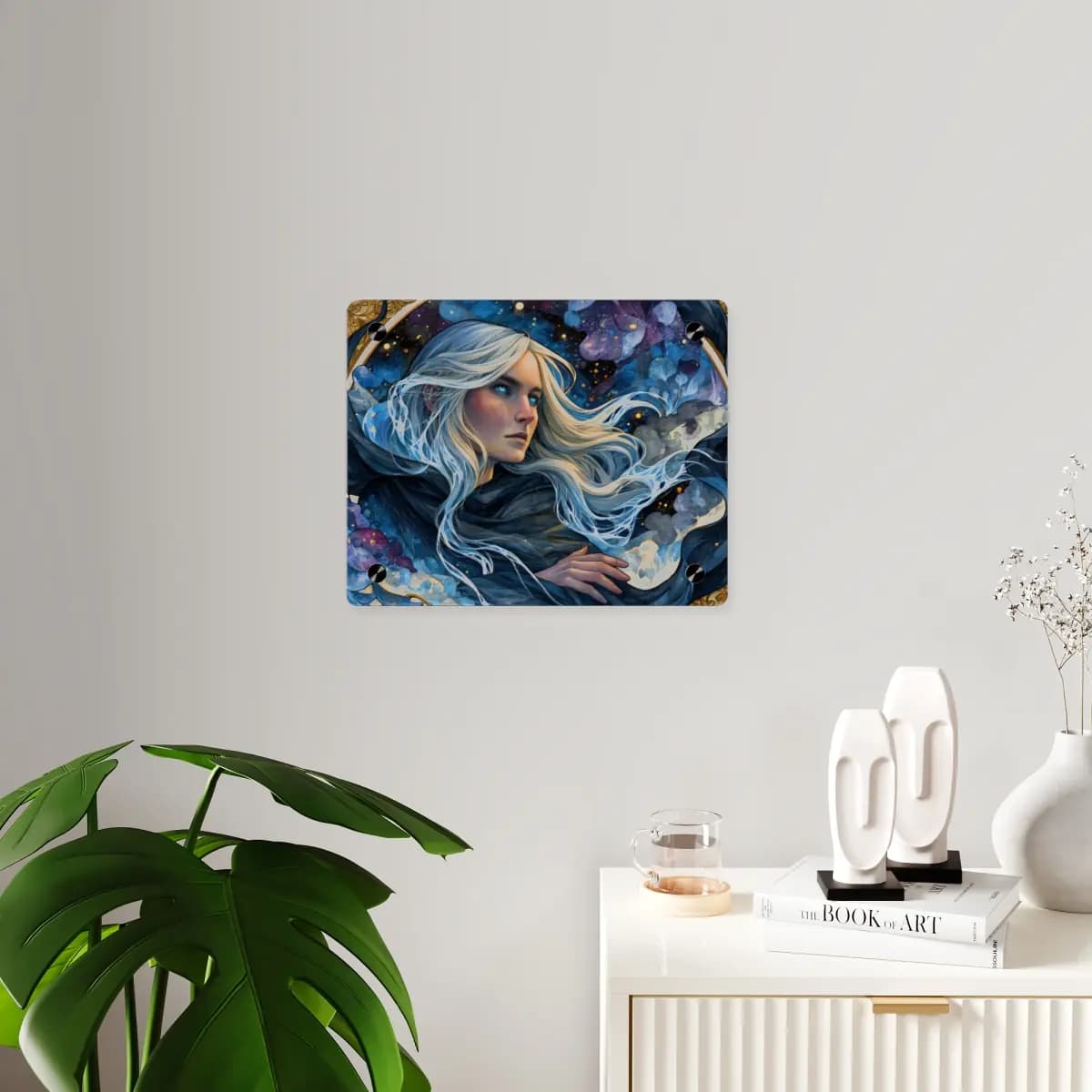 The Starlit Seer with Glacial Blue Eyes - Acrylic Wall Art Panels mockup angle 3