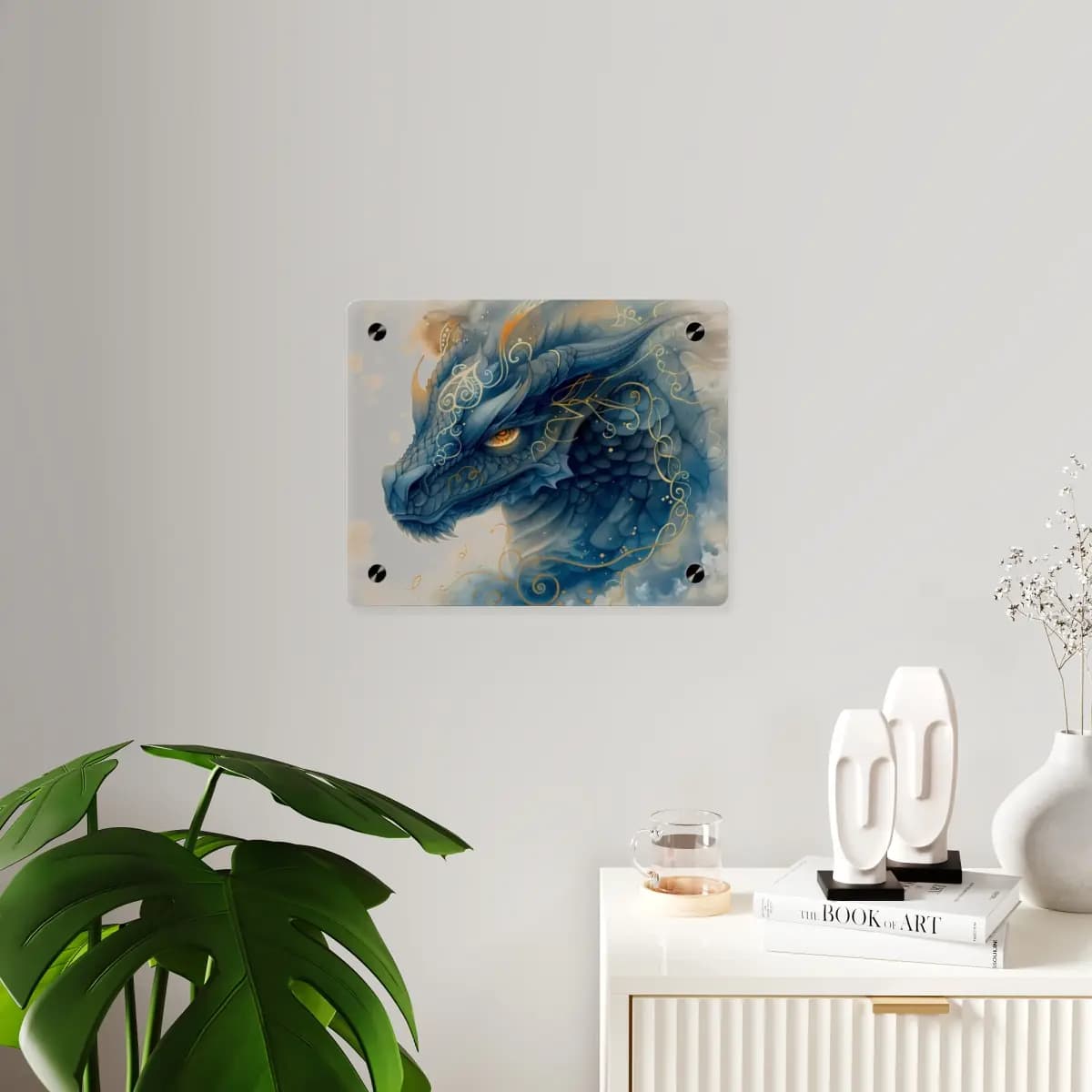 Blue Dragon with Golden Arabesques - Acrylic Wall Art Panels mockup angle 3