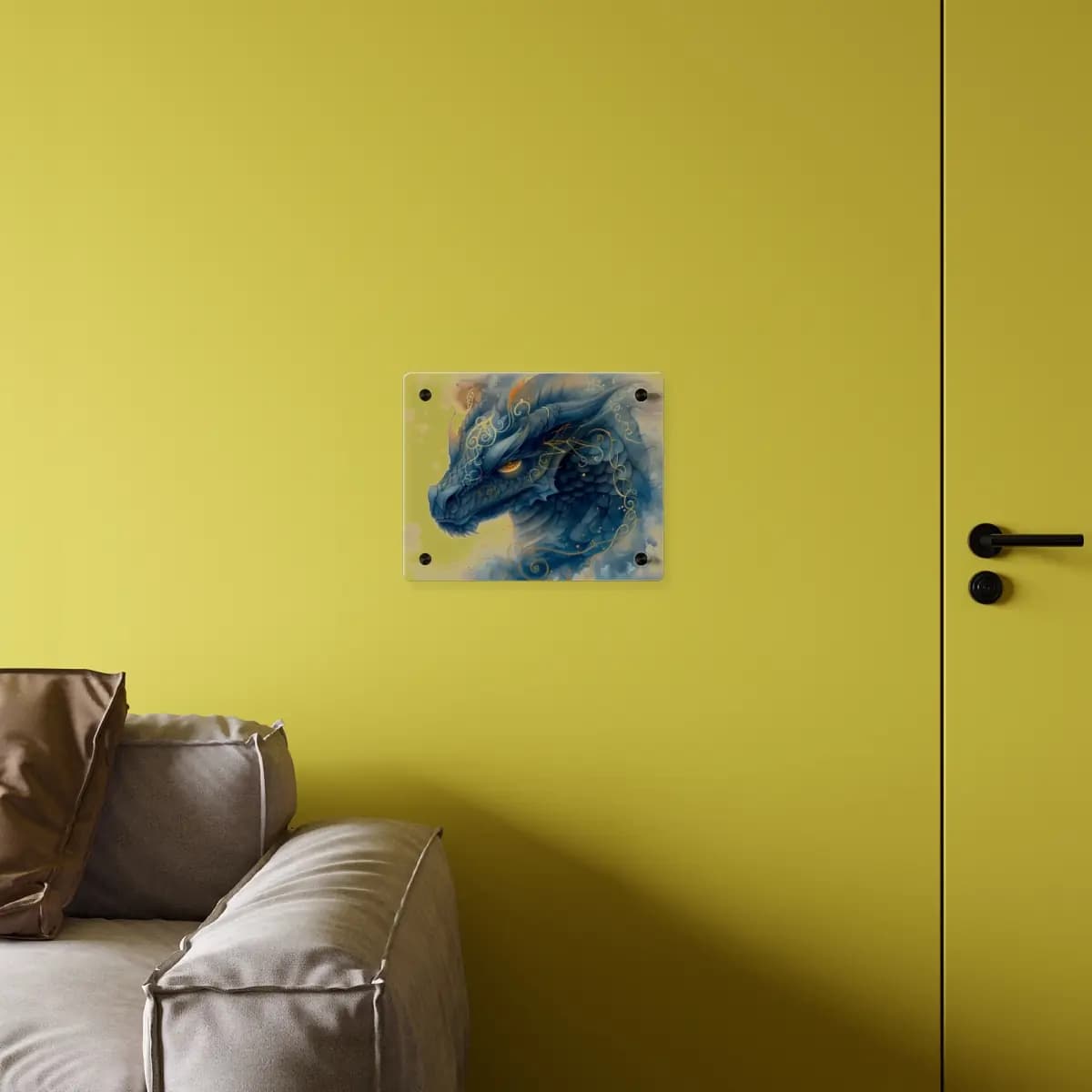 Blue Dragon with Golden Arabesques - Acrylic Wall Art Panels mockup angle 4