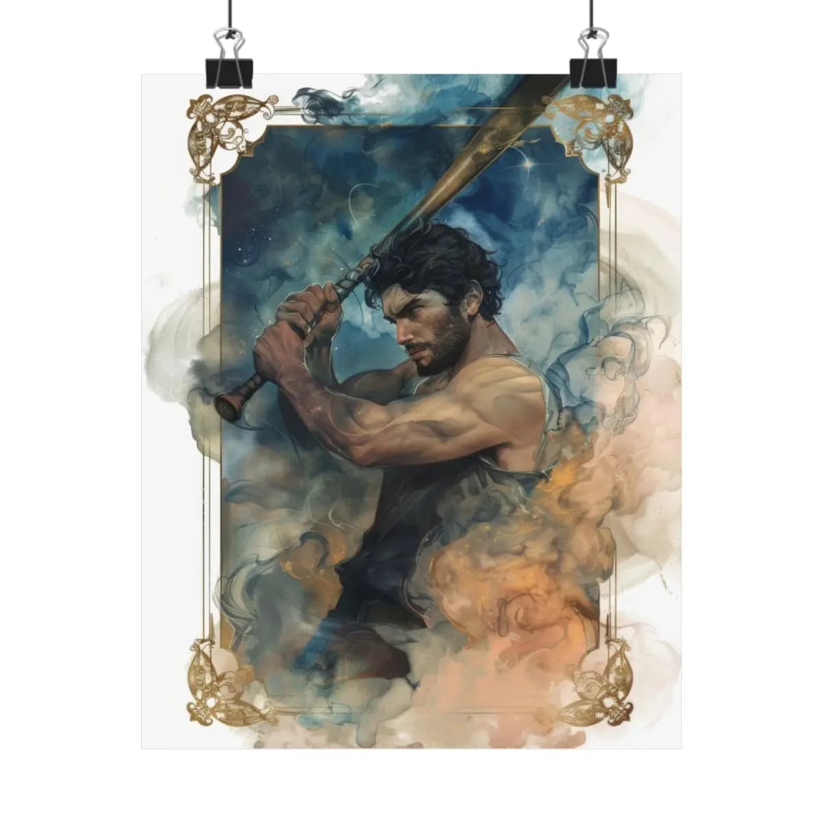 Dark Warrior Wielding a Bat Through Fire and Smoke - Matte Vertical Posters mockup angle 1